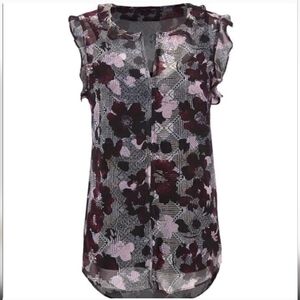 CAbi Weaver Blouse Sheer Black Floral Ruffle Sleeveless Modern Top, Size XS